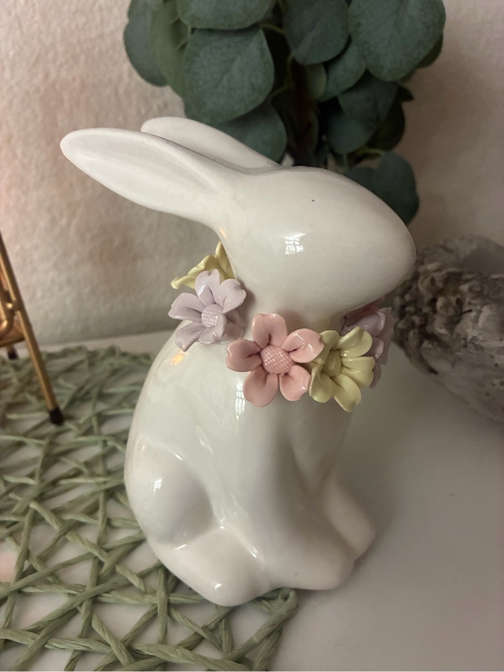 White Ceramic Bunny Figurine with Pastel Floral Necklace